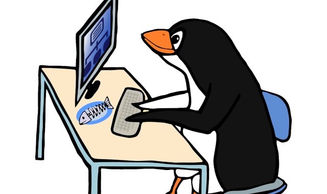 Linux Administrator Pinguin at a computer desk